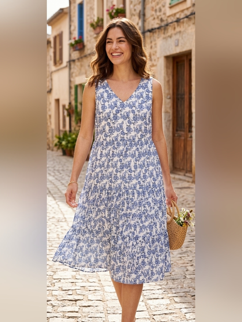 Rachel Ashwell Dress S Floral  Tiered Lined Shabby Chic Blue White Summer